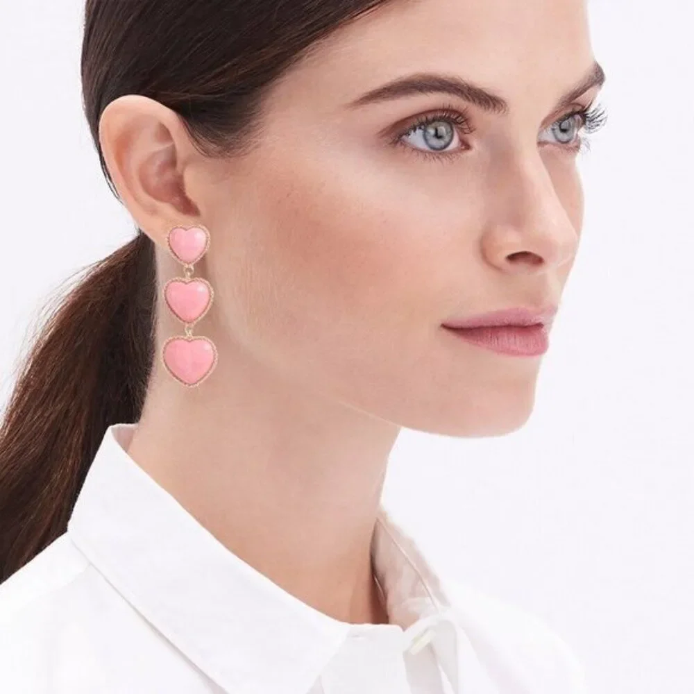 J Crew Women's Heart Titanium‎ Posts Drop Earrings Evening Party Pink